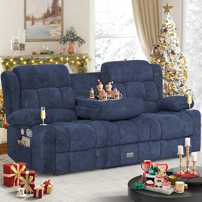 Loveseat Recliner Sofa, Flip Middle Backrest Design 3 Seat Reclining Sofa with Storage Drawer, USB Ports & Cup Holders, Manual Couch for Living Room/RV (Blue)