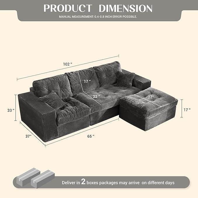 Modular Sectional Sofa, 102” L-Shaped Corduroy Couch with Ottoman, Deep Seat Comfy Sectional for Living Room, Set of Soft Upholstered Cloud Couch for Apartment, Gray
