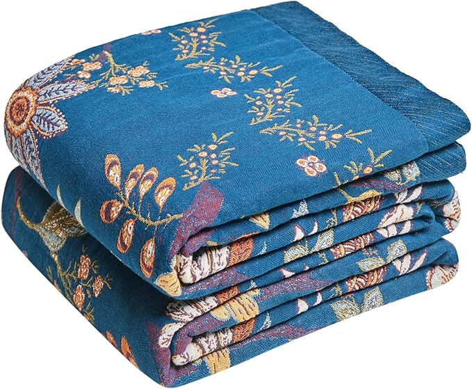 LUTBM Boho Throw Blanket for Bed Cotton Spring Blankets Bedroom Living Room Twin All Season Lightweight Floral Embroidery Quilt for Couch Sofa Chair 60"x80"