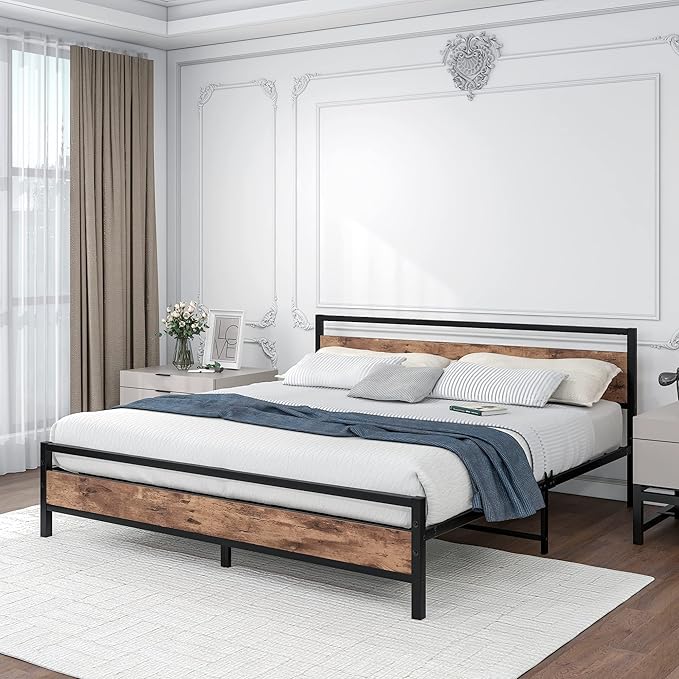 BOFENG Black King Size Bed Frame with Wood Headboard,Industrial Metal Platform Bed Frame King Size with Storage No Box Spring Needed,Strong Steel Slats Support,Easy Assembly,Vintage Brown