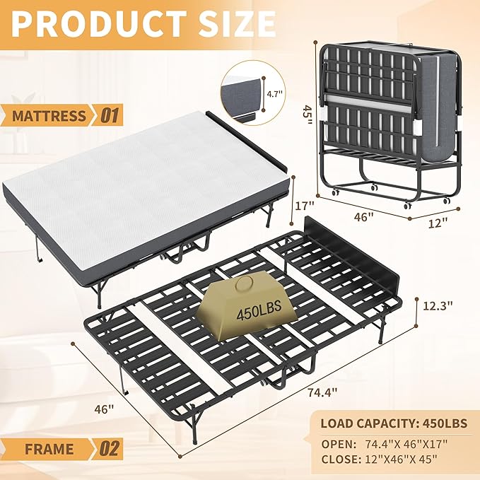 AQY Folding Rollaway Bed with 5" Memory Foam Mattress, 3.15" Lift Adjustable Headboard, 75"x46" Twin Size, Heavy Duty Metal Frame on Wheels, Portable for Adults/Guests, Assembly Required