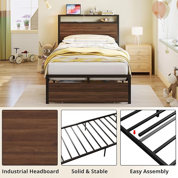 LIKIMIO Twin Bed Frames with Drawer, Storage Headboard with Outlets, No Box Spring Needed, Easy Assembly, Walnut