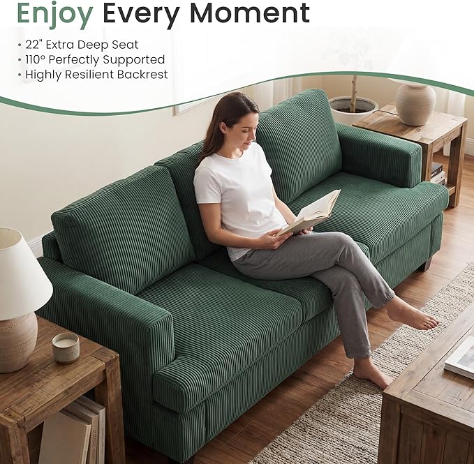 YOUDENOVA Sofa, 3 Piece Set Comfy Sofa, Loveseat & 2 3-Seater Couch with Deep Seats for Living Room, Modern Sleeper Couch, Green Corduroy