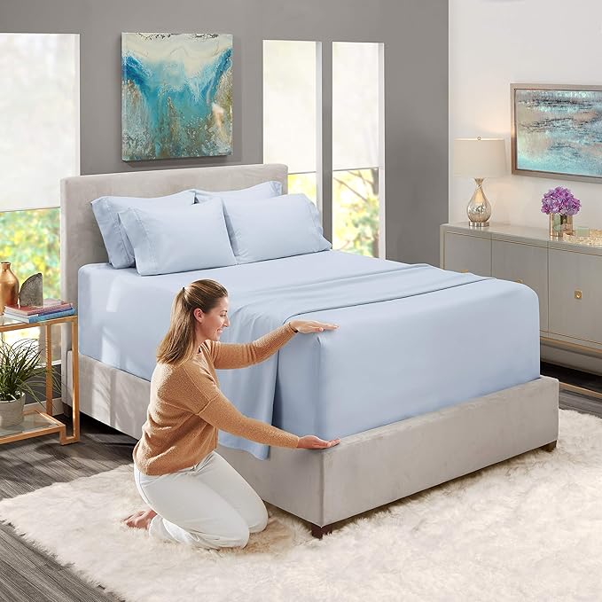 Hearth & Harbor Extra Deep Pocket Sheets - Fits Mattress 18-24 Inches Deep - Extra Deep Pocket Twin Sheets Sets - 4 Piece Twin Size - Ice Blue