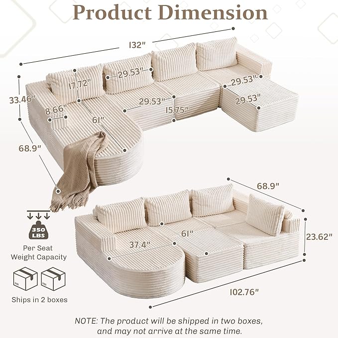 132” Boneless Couches for Living Room, L-Shaped Modular Sectional Sofa with Chaise & Ottoman, Modern Corduroy Cloud Couch with Deep Seat, Comfy Sponge Compression Convertible Sofas