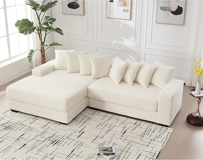 111 Inch Cloud Sectional Couches for Living Room | L-Shaped Sectional Couch with 8 Pillows | Corduroy Couch with Deep Seat | Solid Wood Frame Sofa Beige (Left Facing Chaise)