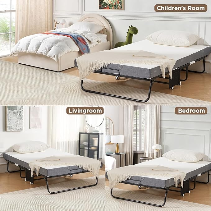 MELLCOM Large 75" x 46"Folding Bed with Mattress,Foldable Rollaway Bed with Mattress for Adults, 5 Inch Memory Foam Mattress,Portable Beds with Metal Frame&Side Pocket