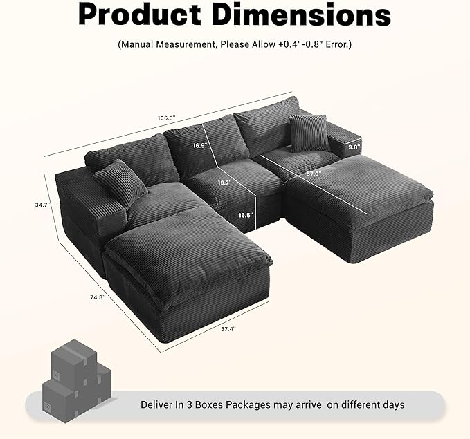 106.3” Sectional Couches for Living Room, Set of Cloud Couch, Modular Sectional Sofa, Convertible Sofas Bed, Deep Seat Sofa, U Shaped Cozy Sofa Furniture Set, Corduroy, Gray