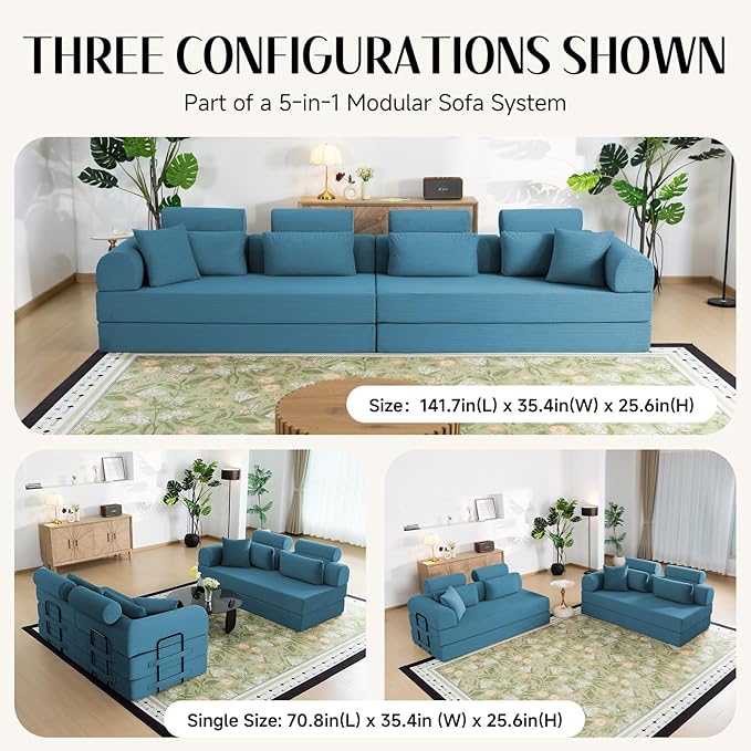 106" L-Shaped Modular Boneless Couch, 2-Piece System (2×70.87"), Convertible Sectional to 141.7" Straight Sofa, Corduroy Couch in a Box, Headrest & Back Pillows for Living Room, Ocean Blue