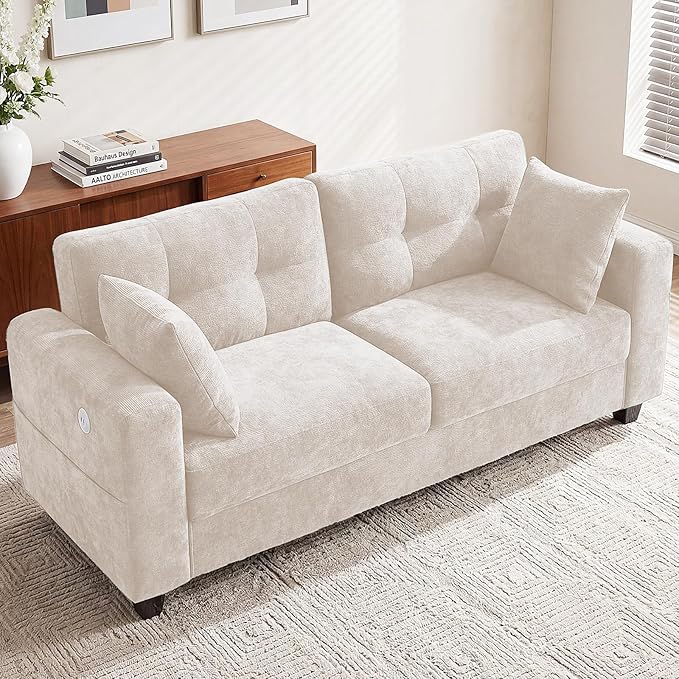 70" Loveseat Sofa for Living Room, Modern Chenille Cloud Couch with USB/Type-C Charging Ports, Side Pockets, Removable Cover, Wide Armrests, Small Couch for Small Space, Easy Assembly, Beige