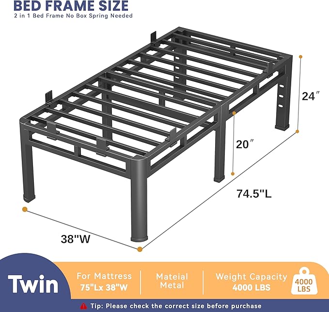 Twin Size Bed Frames 24 Inch Tall, No Box Spring Needed, Double Layer Heavy Duty Metal Platform, Bed Frames with Headboard Holes,Round Corner Legs, Mattress Slide Stopper, Easy Assembly