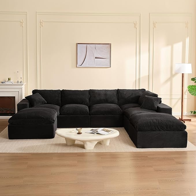 137.8” Sectional Couches for Living Room, Set of Cloud Couch, Modular Sectional Sofa, Convertible Sofas Bed, Deep Seat Sofa, Sleeper Sofa Full Size, Corduroy, Black