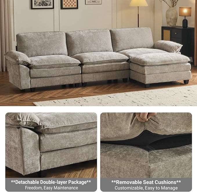VINGLI 122" Cloud Double-Layer Deep Convertible Sectional Sofa, Comfy L-Shape 3-Seat Couches for Living Room, Modern Couch with Movable Ottoman for Small Space, Light Grey, Chenille