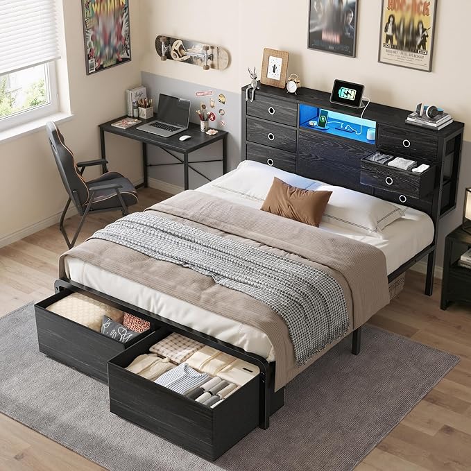 Homkdom Full Size Bed Frame with 8 Fabric Storage Drawers, LED Lights & Charging Station, Metal Platform Bed Frame with Headboard Storage,No-Noise,Easy Assembly,Black