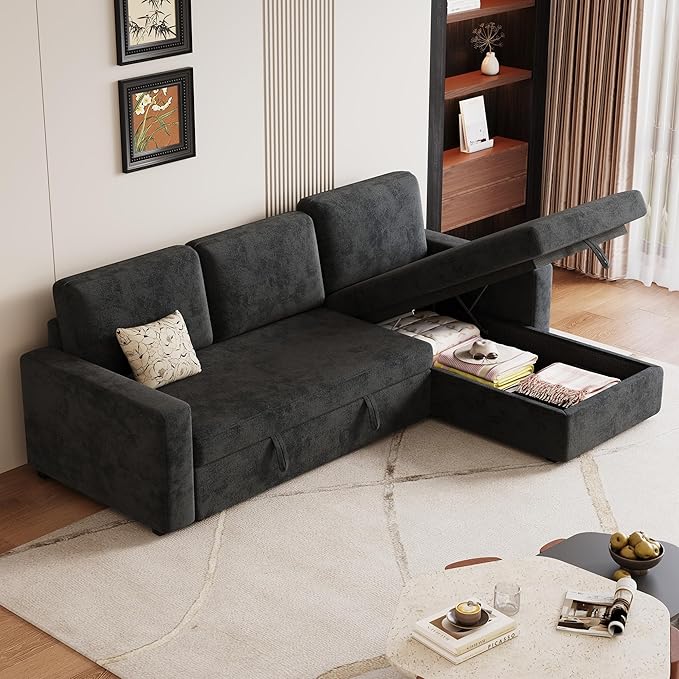 81.5" Convertible L Shaped Sleeper Sofa, 3-Seat Pull Out Sectional Couch with Storage Chaise & Removable Cushions, Chenille Fabric for Small Living Room Apartment, Dark Gray