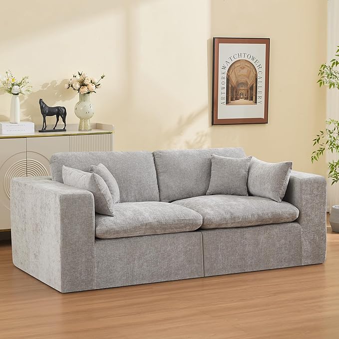 83''Cloud Boneless Sectional Couch, Modular Sectional Sofa Deep Seat, Upholstered Convertible Comfy Loveseat Chenille Memory Foam Sofa Couches for Living Room, Light Grey