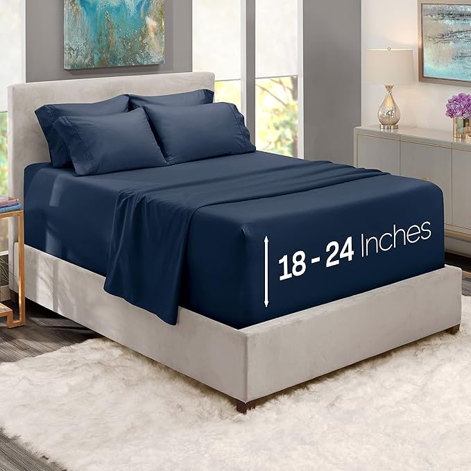 Hearth & Harbor Extra Deep Pocket Sheet Set, 6Pc Split King Size, Navy Blue