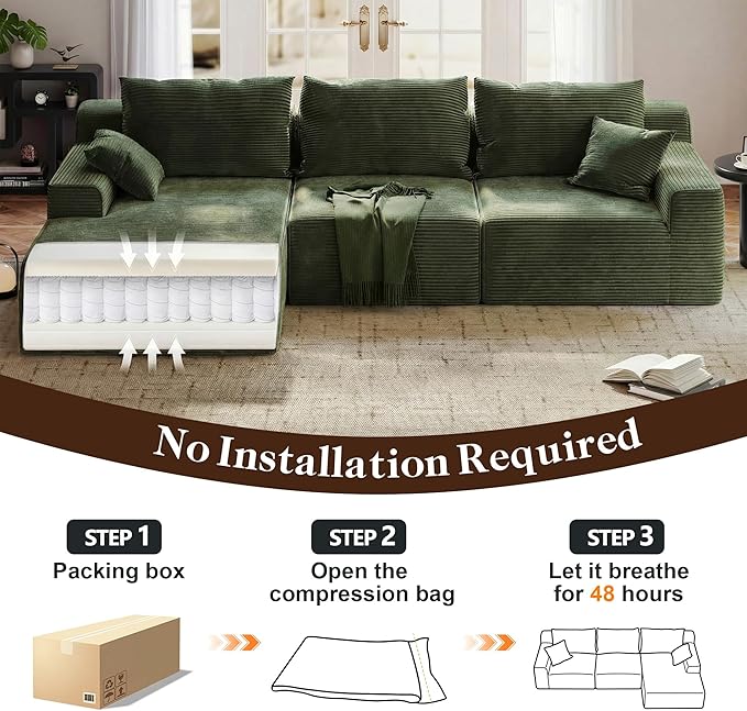 97" Cloud Couch Sectional, L-Shaped Corduroy Fluffy Modular Sofa with Deep Seat, Boneless Comfy Couches for Living Room,Bedroom, Left Facing Chaise, No Assembly Required (Green)