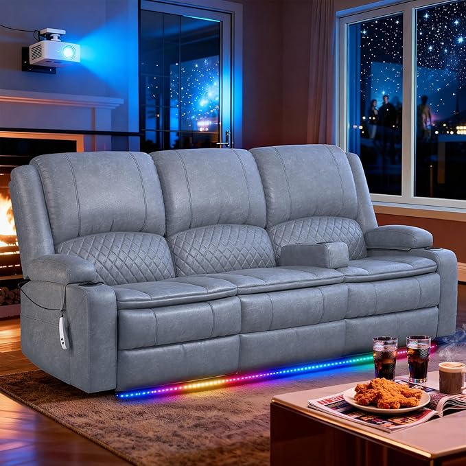 Power Loveseat Recliner Sofa, Removable Armrest 3 Seats Power Reclining Loveseat with Remote Liftable Console, Wall Hugger RV Theater Seating with Storage & USB & RGB (PU, Grey)