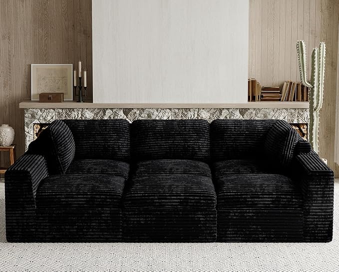 Cloud Sectional Sleeper Sofa Bed 6-Seater Plush Corduroy Modular Sectional Sofa Couches for Living Room with Ottoman. Black Couch.