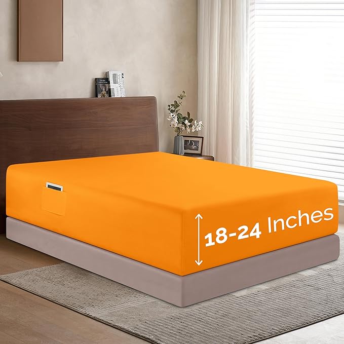Elegant Comfort 1500 Premium Hotel Quality 18-24 Inches Deep - Extra Deep Pocket Single Fitted Sheet for High Mattress, Luxury and Softest, Smart Pocket - Wrinkle Free, Queen, Orange