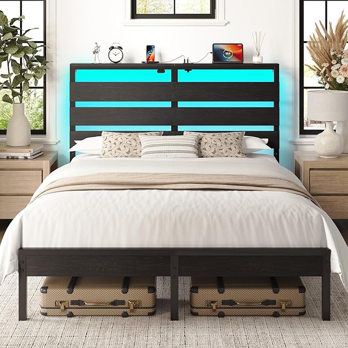Rolanstar Full Size Bed Frame with LED Lights and Charging Station, Wood Storage Headboard and Under Bed Storage, Metal Platform, Noise Free, No Box Spring Needed, Balck Oak