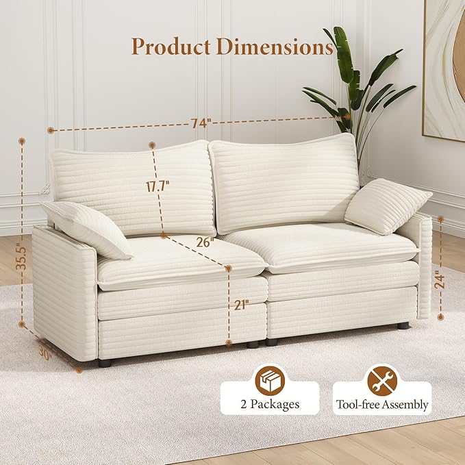 Vesgantti 74" Loveseat Sofa for Living Room, Comfy Cloud Couch Deep Seat Corduroy Modern 2 Seater Small Sofa with Armrest Pillow, Easy Assembly for Small Spaces, Beige