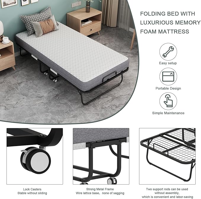 Espsilto Folding Bed with Mattress, 75" x 31" Roll Away Bed for Adults, Cot Size Fold up Portable Foldable Mattress for Guest