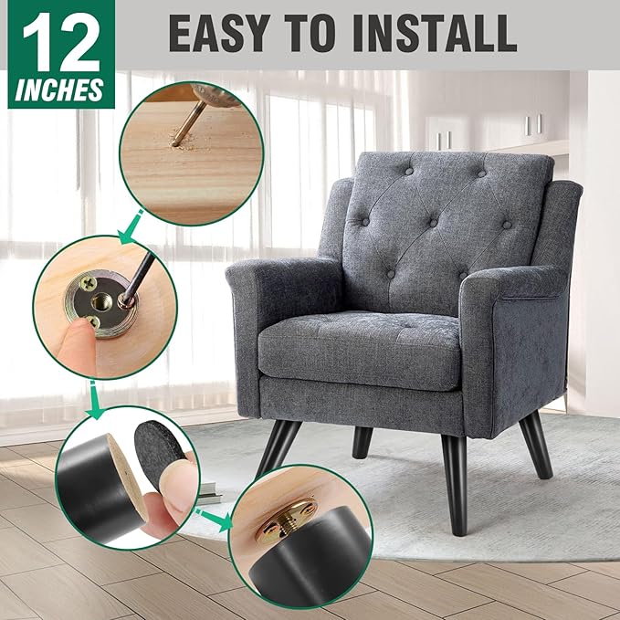 FoDau770 Black Rubber Wood Furniture Legs 12 Inches, Slant Tapered Wood Feet Mid Century Sofa Legs Set of 4, 5/16" UNC Furniture Feet Replacement Parts for Cabinet Couch Dresser Chair Ottoman Table