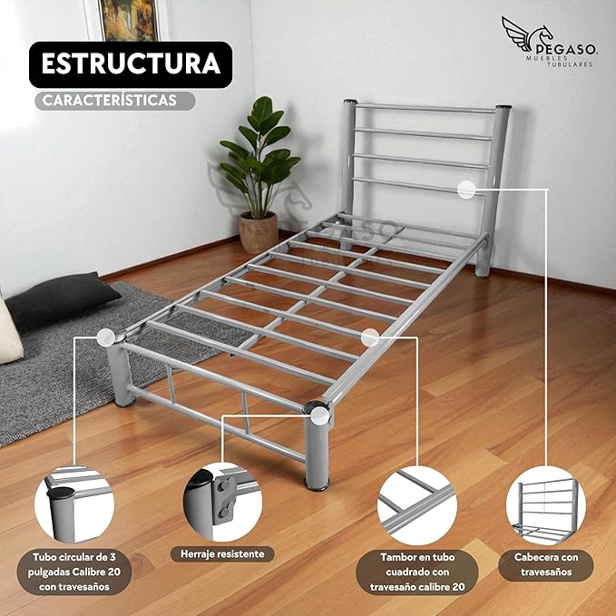 PEGASO Single Bed, Metal Frame, 190 x 100 x 100 cm, Grey, Durable