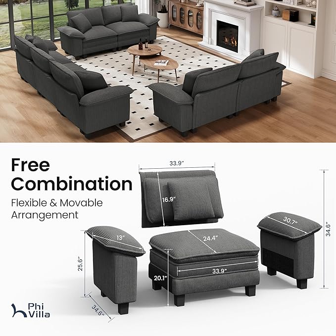 PHI VILLA Cloud Modular Couches Sets, 3 Pieces Large Sectional Sofa Set with Loveseats, 7-Seater Upholstered Couch for Living Room, Corduroy, Grey