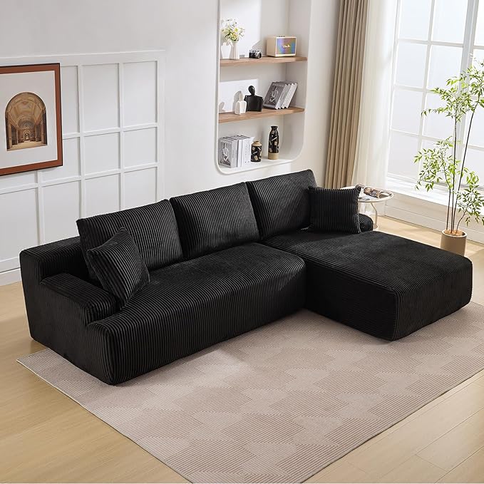 Sectional Cloud Boneless Couch 106" Modern Comfy L-Shape Corner No Assembly Required Convertible Compression Sleeper Modular Sofa with Corduroy Fabric Deep Seat Loveseat + Chaise for Living Room