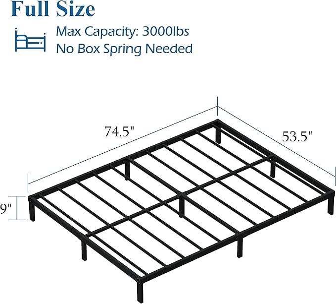 DiaOutro 9 Inch Full Size Bed Frame Heavy Duty Low Profile Metal Platform No Box Spring Needed Mattress Foundation, Easy to Assembly, Noise Free, Black