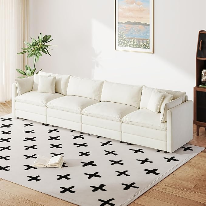 Setawix Chenille Cloud Couches for Living Room,4 Seater Cloud Sofa Couch with Deep Seat,147.22" Roomy Cloud Sofas,Modular Sectional 4 Seat Sofa with Pillows for Bedroom (Beige, 4 Seater)