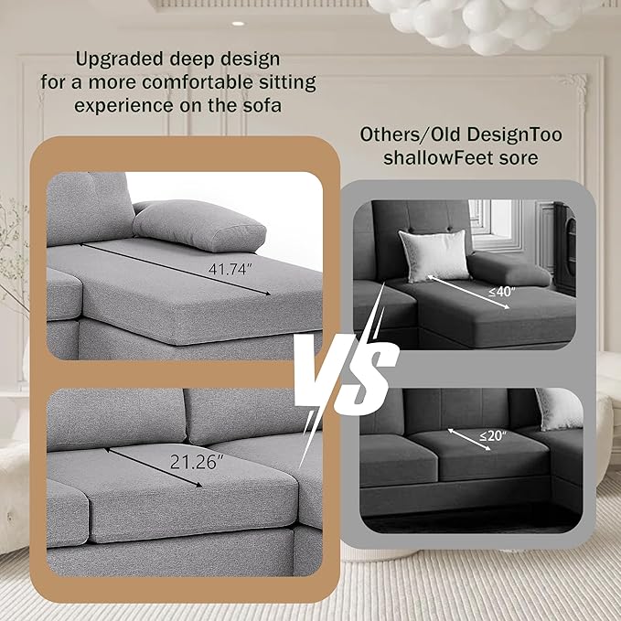 111" Sectional Couch for Living Room, Modern Polyester Fibre U Shaped Sofa Couches with Double Chaise, Upholstered 4 Seater Sofa for Living Room, Apartment, Office, Light Grey