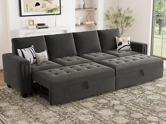 Belffin Modular Sectional Sleeper Sofa with Pull Out Bed Convertible Velvet Sleeper Sofa with Storage Sectional Couches for Living Room Grey