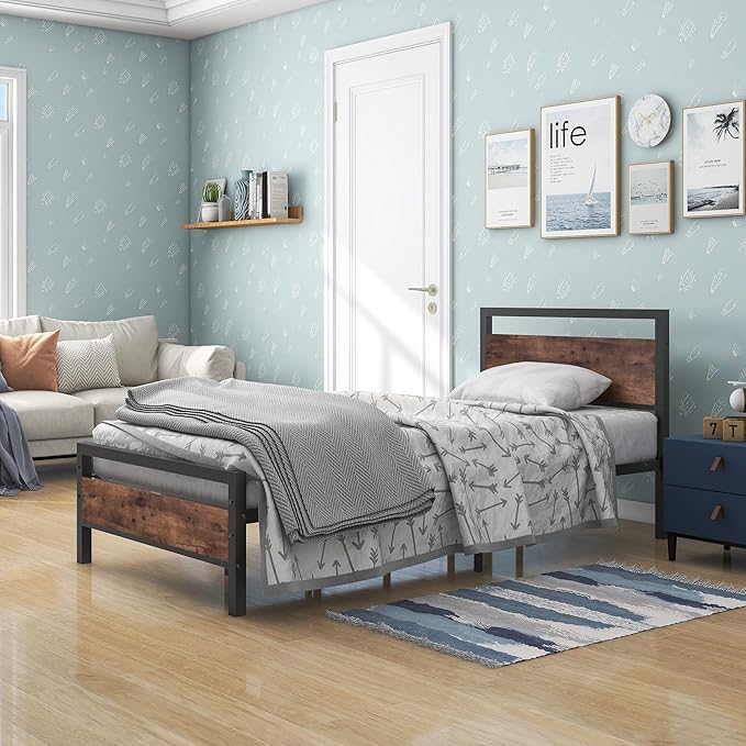 BOFENG Twin Size Bed Frame with Vintage Wood Headboard Farmhouse Bed,Heavy Duty Metal Platform Bed Frames No Box Spring Needed,Firm Mattress Foundation Steel Slat Support Easy Assembly(Brown)