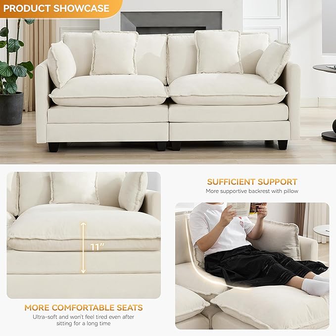 76'' Cloud Deep Seat Loveseat, Upholstered Chenille Modular 2-Seats Sectional Sofa Couch, Modern Comfy Settee Loveseat for Living Room Set, Small Apartment, Beige