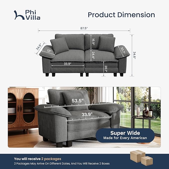 PHI VILLA Cloud Modular Couches Sets, 87.5" Sectional Loveseat Sofa with Upholstered Deep Seat, 2-Seater Comfy Couches for Living Room Bedroom, Corduroy Fabric, Grey