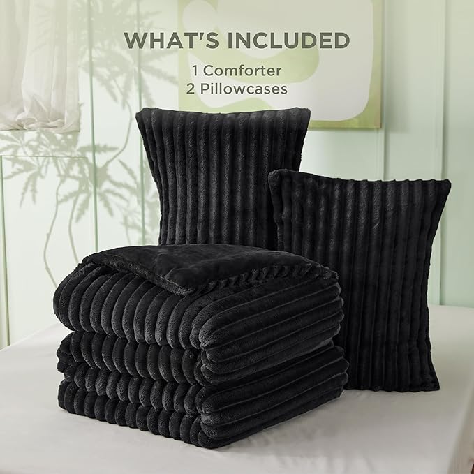 Bedsure Comforter Set Queen Size - GentleSoft™ 3 Pieces Double-Side Fleece Fluffy Black Comforter Set, Cozy Striped Room Decor Aesthetic, Luxury Bedding Queen Size, 2 Pillowcases, 90x90 Inches