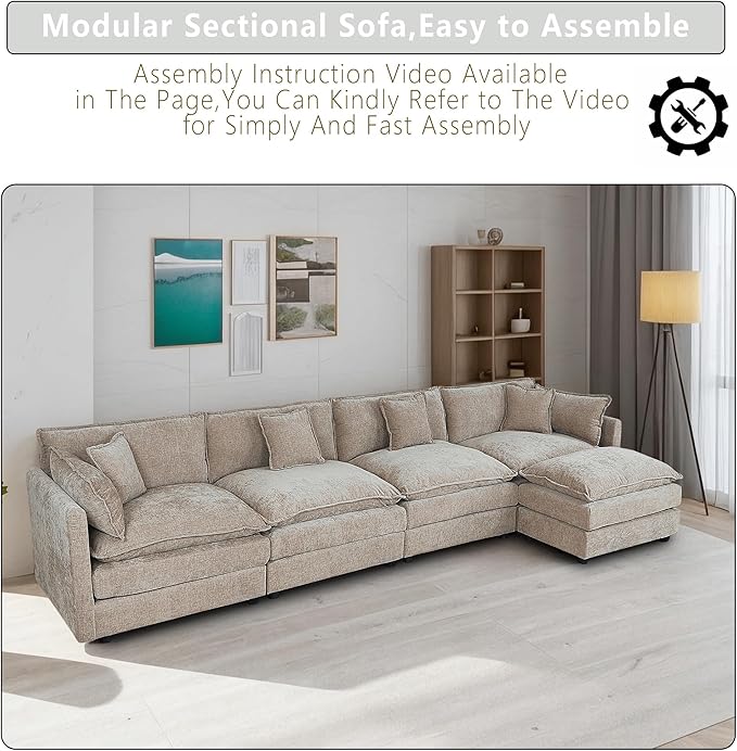 Setawix Deep 4 Seater Couch with Ottoman,147.22" L-Shaped Cloud Couches for Living Room,Chenille Cloud Sofa Couch with Deep Seat,Modular Sectional L Shape 4 Seat Sofa for Bedroom (Coffee, 4+1)