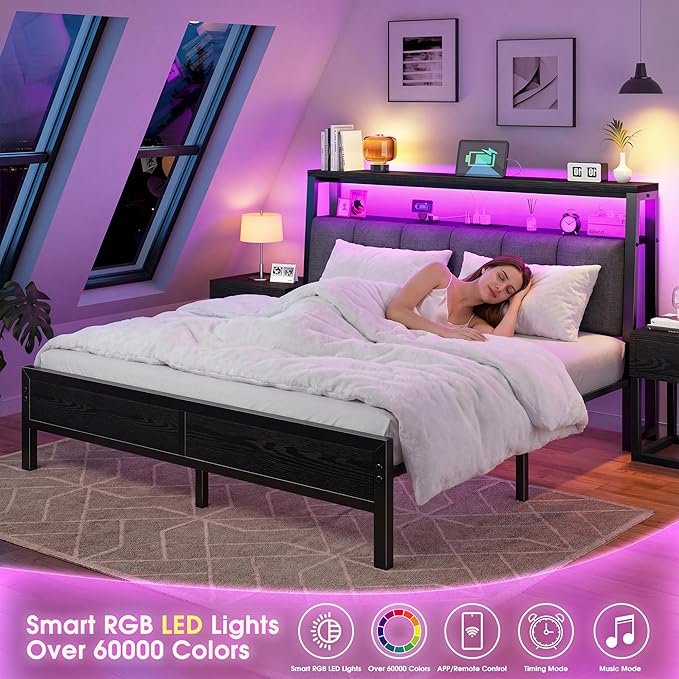 Homkdom Queen Bed Frame with LED Lights Grey Upholstered Headboard with Charging Station, Type C& 2-Tier Storage Shelves,Metal Platform Bed with 12" Under-Bed Storage, Noise-Free, Black
