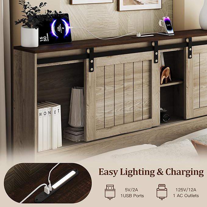 Queen Size Bed Frame with Storage, Sliding Barn Door, Farmhouse Wood Platform Bed with Reading Light and Charging Station, Wood Slats Support, Easy Assembly, Noise-Free, Light Rustic Oak