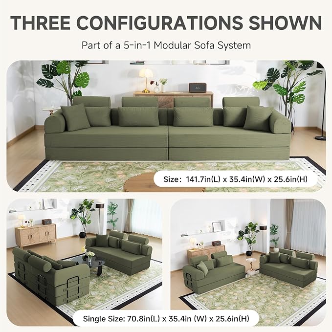 106” L Shaped Boneless Sectional Couch, Two 70.87” Pieces Convert to 141.7” Extra Long Straight Sofa, Corduroy Couch in a Box with Headrest and Back Pillows for Apartment Living Room, Light Green