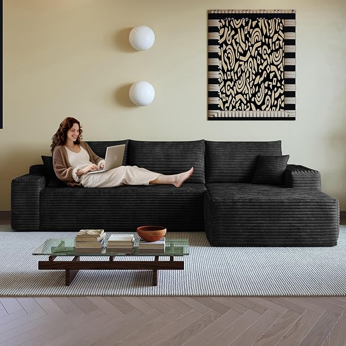 108" Sectional Couches for Living Room Cloud Couch Sofa with L-Shape Upholstered Boneless Couchs Modern Modular Sectional Couch with Chaise (Black, 108" Right Facing Chaise+2Seaters)