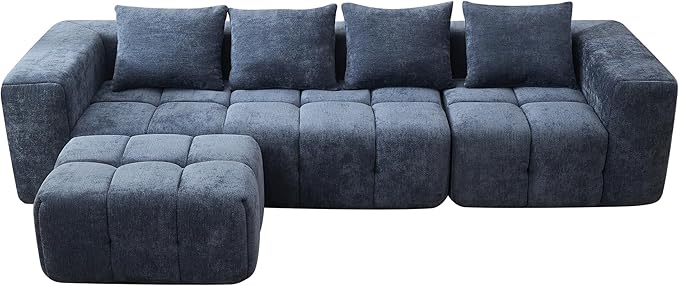 119" Boneless Couch, Cloud Sectional Couch with Deep Seat, High-Density Memory Foam and Chaise, Sectional L Shaped Sofa, Boneless Couches for Living Room, No Assembly Required Tufted Sofa, Blue