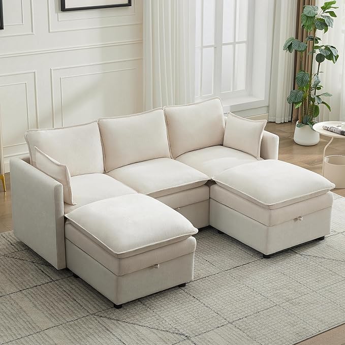 80" Cloud Modular 3 Seater Sofa with 2 Storage Ottoman, Modern Upholstered Storage Sofa Couch Deep Seat, U Shape Sectional Sofa Chenille Comfy Couch with Armrests for Living Room, Small Space, Beige | Modular Sofa, Storage Ottoman, Upholstered Sofa, Se...