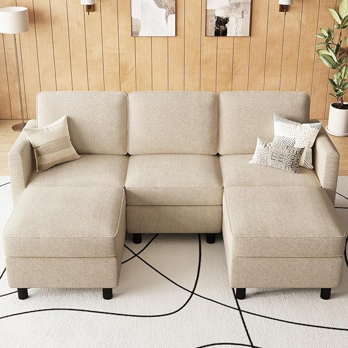 Belffin 84.3" 5 Seats U Shaped Couch Modular Sectional Sofa Washable Sectional Couches for Living Room Comfy Couches with Storage Seat Couch Sofas with Chaise,Beige