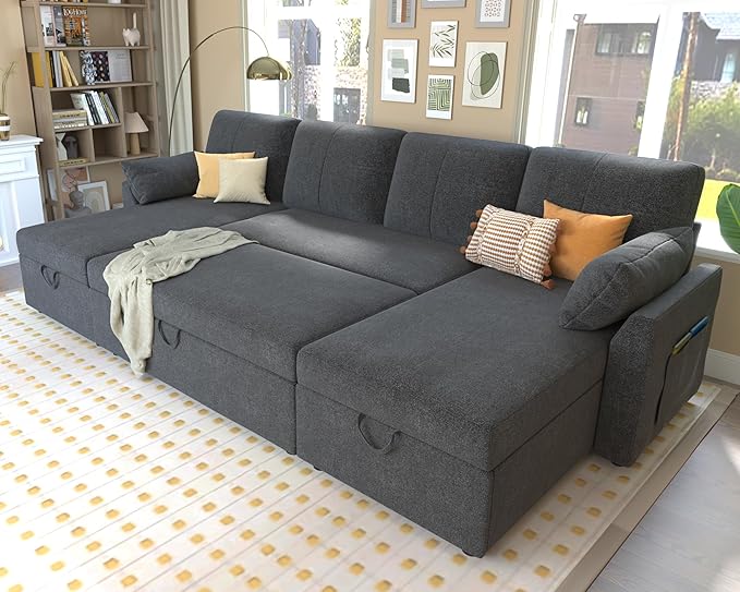 VanAcc Sleeper Sofa, 110 inch Oversize - 2 in 1 Pull Out Bed, Sectional Sleeper Sofa with Double Storage Chaise for Living Room, Grey Linen Couch