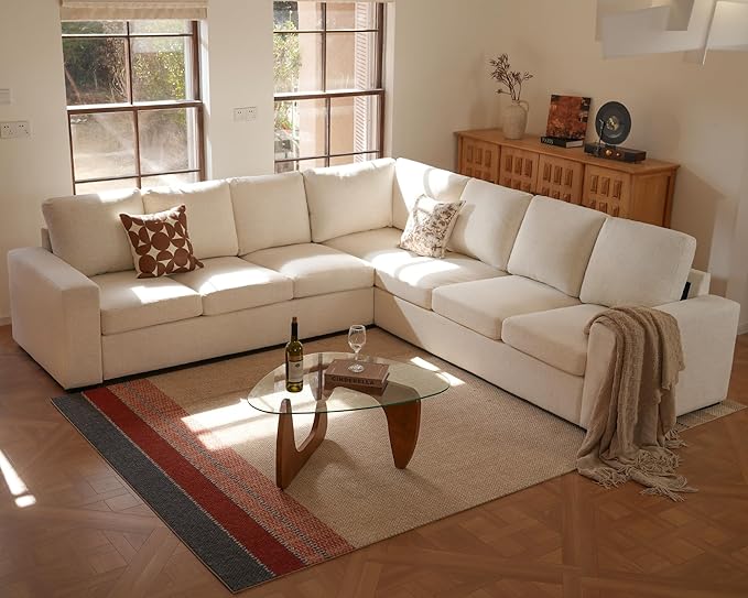 ELUCHANG 113" V-Shaped Modular Sectional Sofa Couch, Modern 7-Seat Comfy Linen Deep Seat Sofa with Corner, Removable Cover, Easy Assembly, Large Sofas & Couches for Living Room, Office, Beige | Spring Cushions, Easy to Clean, Deep Seat